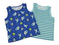 2x tílko - modré se žraloky a piraňami + světlemodro-modro-neonově žluté pruhované