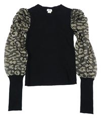 Čierne rebrované pletené tričko so vzorovanymi rukávy River Island