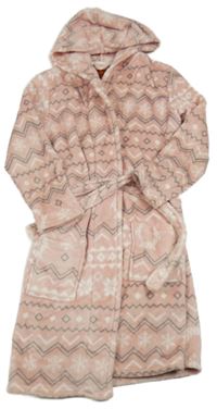 Růžovo-šedý vzorovaný plyšový župan s kapucí 