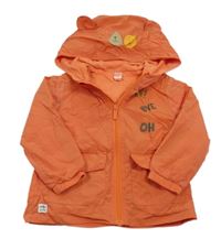 Oranžová šušťáková jesenná bunda s kapucňou s medvěďom