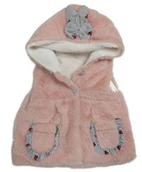 Ružová kožušinová podšitá vesta s volánikmi a kapucňou