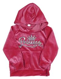 Ružová zamatová mikina s nápisem z flitrů a kapucňou