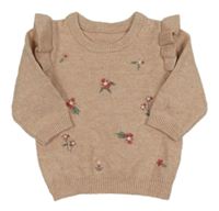 Světlerůžový melírovaný svetr s výšivkami květů a volánky George