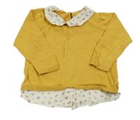 Okrové úpletové tričko s volánikom a golierikom H&M