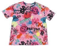 Neónově ružové tričko so škvrnami a graffiti Shein