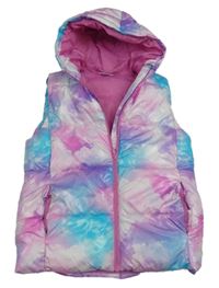 Růžovo-modro-lila šušťáková vzorovaná zateplená vesta s kapucňou Dunnes Stores