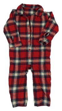 Červeno-bílo-tmavomodrý kostkovaný flanelový overal M&S