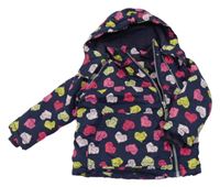 Tmavomodro-růžovo-zelená šusťáková zimní bunda se srdíčky a kapucí Name it