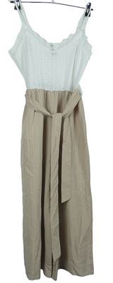 Dámský bílo-béžový culottes overal s madeirovým živůtkem a páskem Shein
