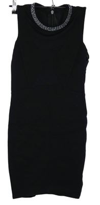 Dámské černé minišaty s tylovým výstřihem a kamínky 