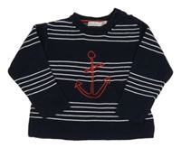 Tmavomodro-biely sveter s kotvou a pruhmi