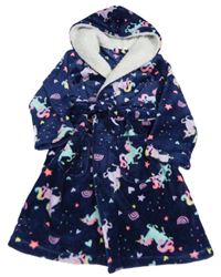 Tmavomodrý chlpatý župan s jednorožcami a kapucňou Minikidz