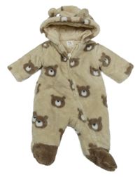 Béžová chlpatá zateplená kombinéza s medvedíkmi a kapucňou C&A