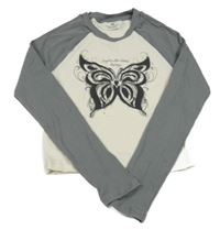 Sivo-biele rebrované crop tričko s motýlom H&M