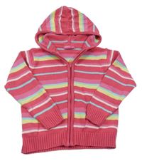 Růžovo-modro-žlutý pruhovaný propínací svetr s kapucí 