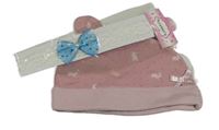 2set - Růžová puntíkovaná čepice s králíčky + bílá čelenka s mašlí 