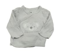 Sivo-biele pruhované rebrované zavinovací tričko s medvedíkom C&A