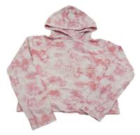 Ružovo-biela batikovaná crop mikina s nápisom a kapucňou