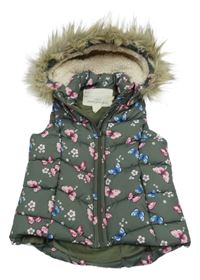 Khaki šušťáková prešívaná zateplená vesta s motýly a odopínacíá kapucňou H&M