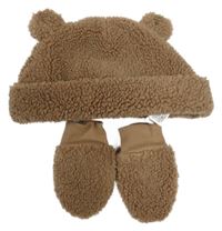 2set - Hnědá huňatá podšitá čepice + rukavice M&S