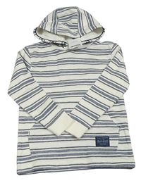 Nové - bílo-tmavomodro-černá pruhovaná dlouhá mikina s kapsou s nášivkou a kapucí Next