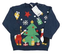 Nové - tmavomodrý vianočný sveter so stromčekom a medvedíkom a tučňáčkem H&M