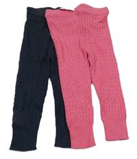 Nové - 2x - Vzorované žebrované úpletové legíny - Tmavomodro/růžové George