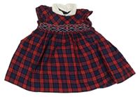 Červeno-tmavomodro-čierne kostkovano/kárované šaty s kvetmi a golierikom Confiture