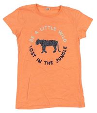 Neónově oranžové tričko s nápismi a leopardom