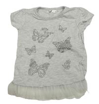 Světlešedé tričko s motýlky a tylovým lemem Pep&Co