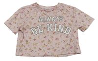 Ružové rebrované kvetované crop tričko s nápismi Primark