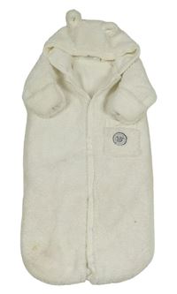 Bílý chlupatý zateplený fusak/kombinéza s nášivkou a kapucňou Ergee