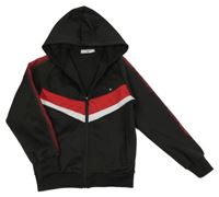 Černá sportovní propínací mikina s pruhy a kapucí