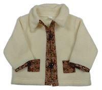 Krémová huňatá propínací mikina s kapsami s květy