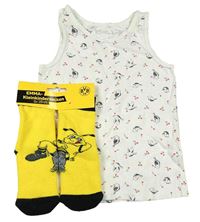 2set - Bílá košilka s ptáčky a třešněmi + žluté ponožky s maskotem - Borussia Dortmund