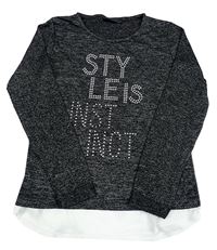 Čierno-sivé melírované úpletové tričko s nápisem z kamínků