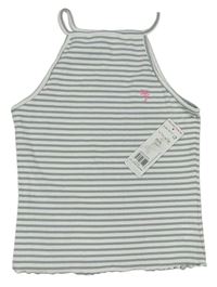 Bílo-šedý pruhovaný žebrovaný crop top s plameňákem F&F