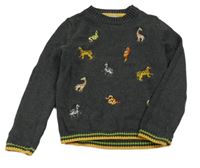 Tmavosivý sveter so zvířaty a žlutým lemem