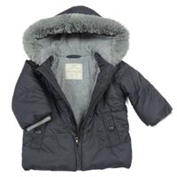 Tmavošedá šusťáková zimní bunda s kapucí s kožešinou George