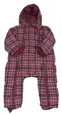 Vínovo-šedá kostkovaná šusťáková zimní kombinéza s kapucí 