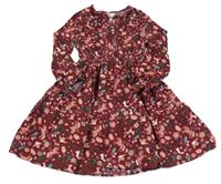 Vínové vzorované manšestrové šaty s liškami s květinami C&A