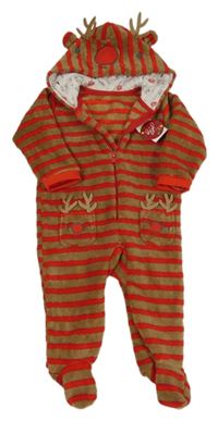 Nové - Hnedo-červená pruhovaná plyšová kombinéza so sobmi a kapucňou zn. Matalan