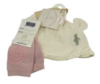 Nové - 2set - béžová sametová čepice s oušky + návleky na lezení 