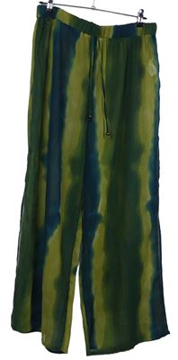 Dámské khaki-tmavomodré vzorované šifonové volné kalhoty Primark