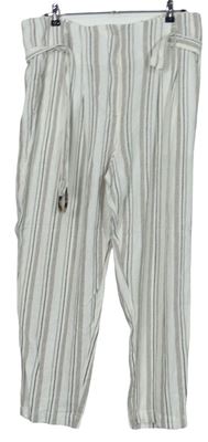 Dámské pískovo-bílo-šedé pruhované lněné kalhoty s páskem F&F