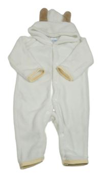 Bielo-béžová chlpatá kombinéza s kapucňou s uškami