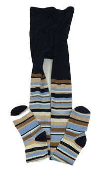 Čierno-modro-béžové pruhované pančuchy