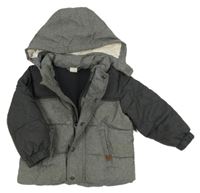 Šedo-tmavošedá melírovaná prošívaná šusťáková zimní bunda s odepínací kapucí H&M