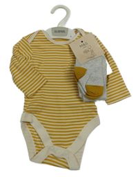 Nové - 2set - Okrovo-biele pruhované body + pančuchy M&S