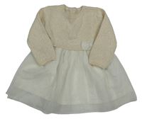 Béžovo-biele pletené trblietavé šaty s tylovou sukní